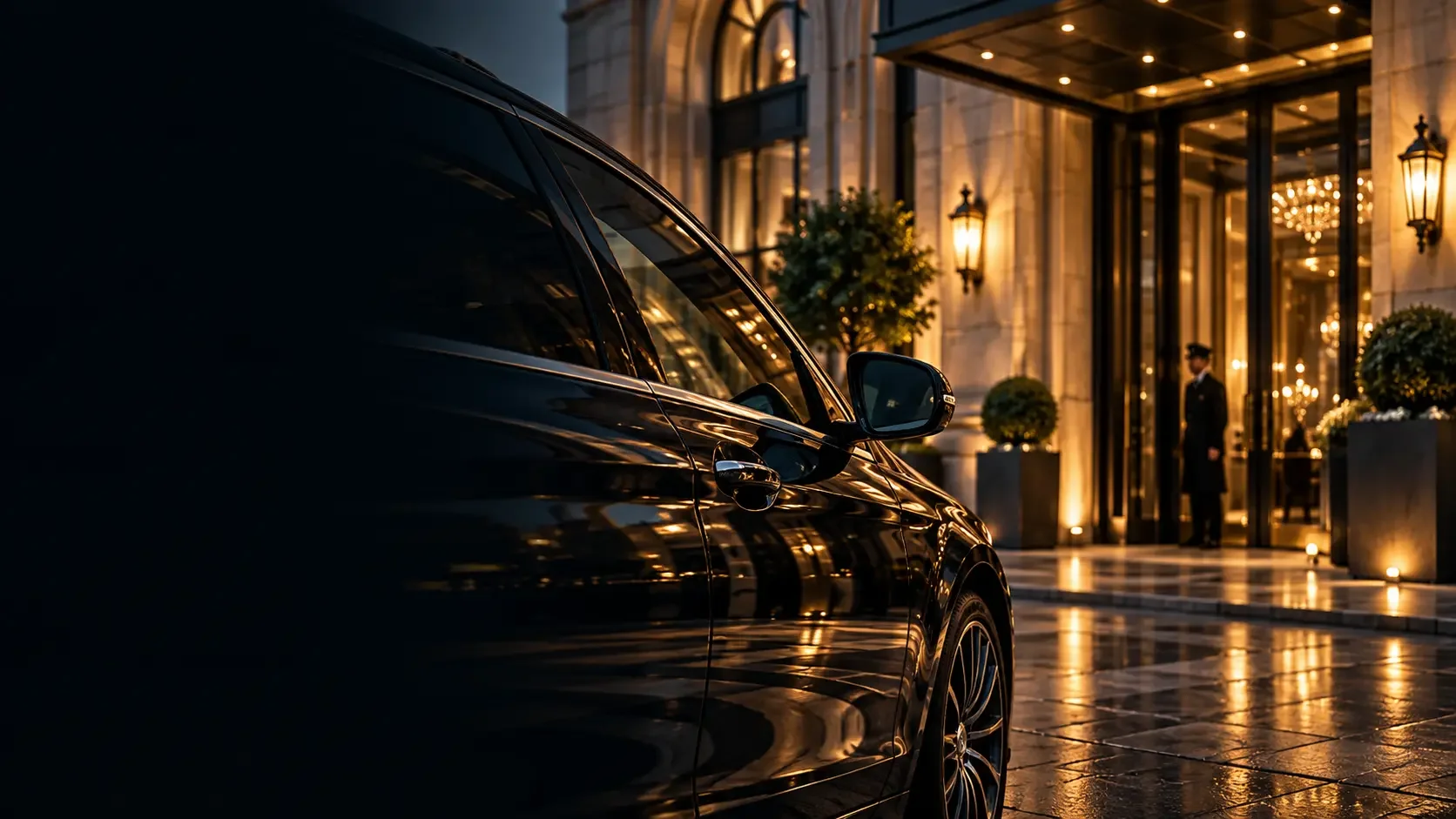 Representative scene: reflections on a black vehicle door beside a warmly lit stone entrance.