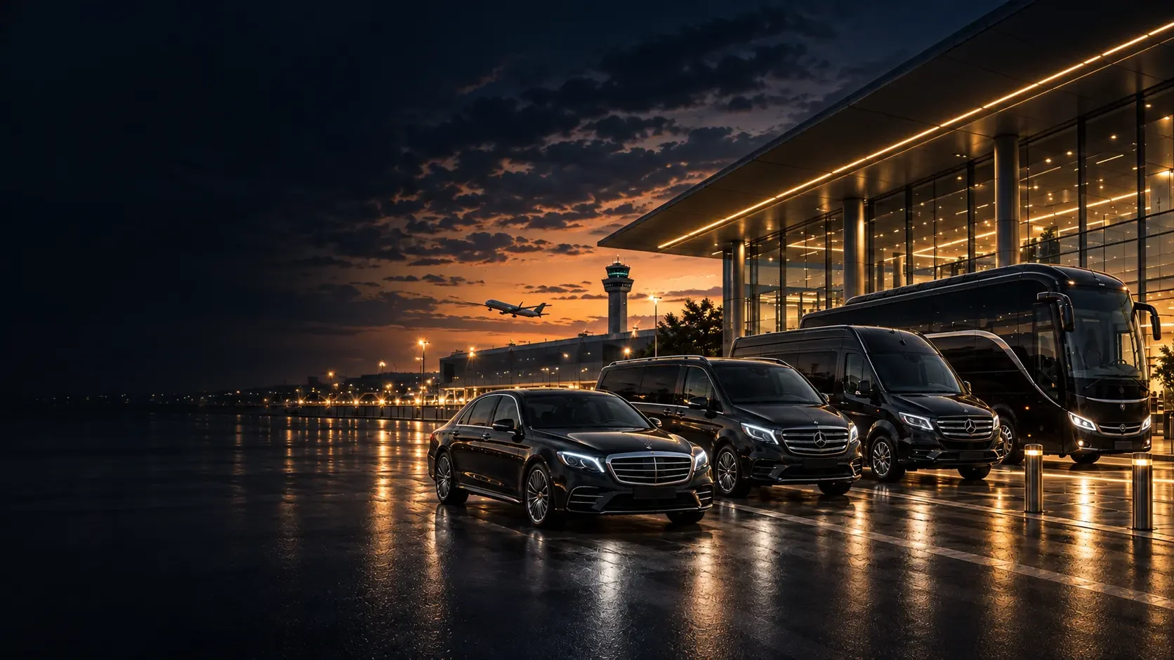 Representative scene: a black saloon, MPV, minibus and coach outside a glass airport terminal at dusk.