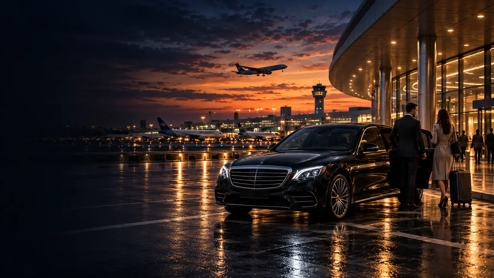 Representative scene: a black saloon and two people with luggage outside an airport terminal at dusk.