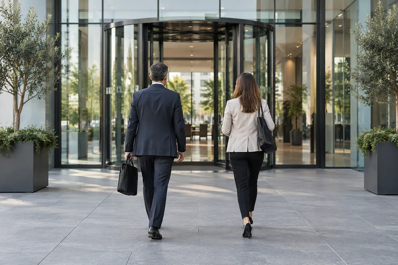 Representative image: two travellers approaching a glass office entrance