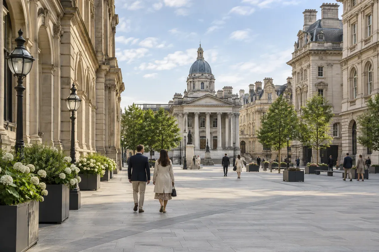 Representative image: a stone-lined city street and pedestrian square