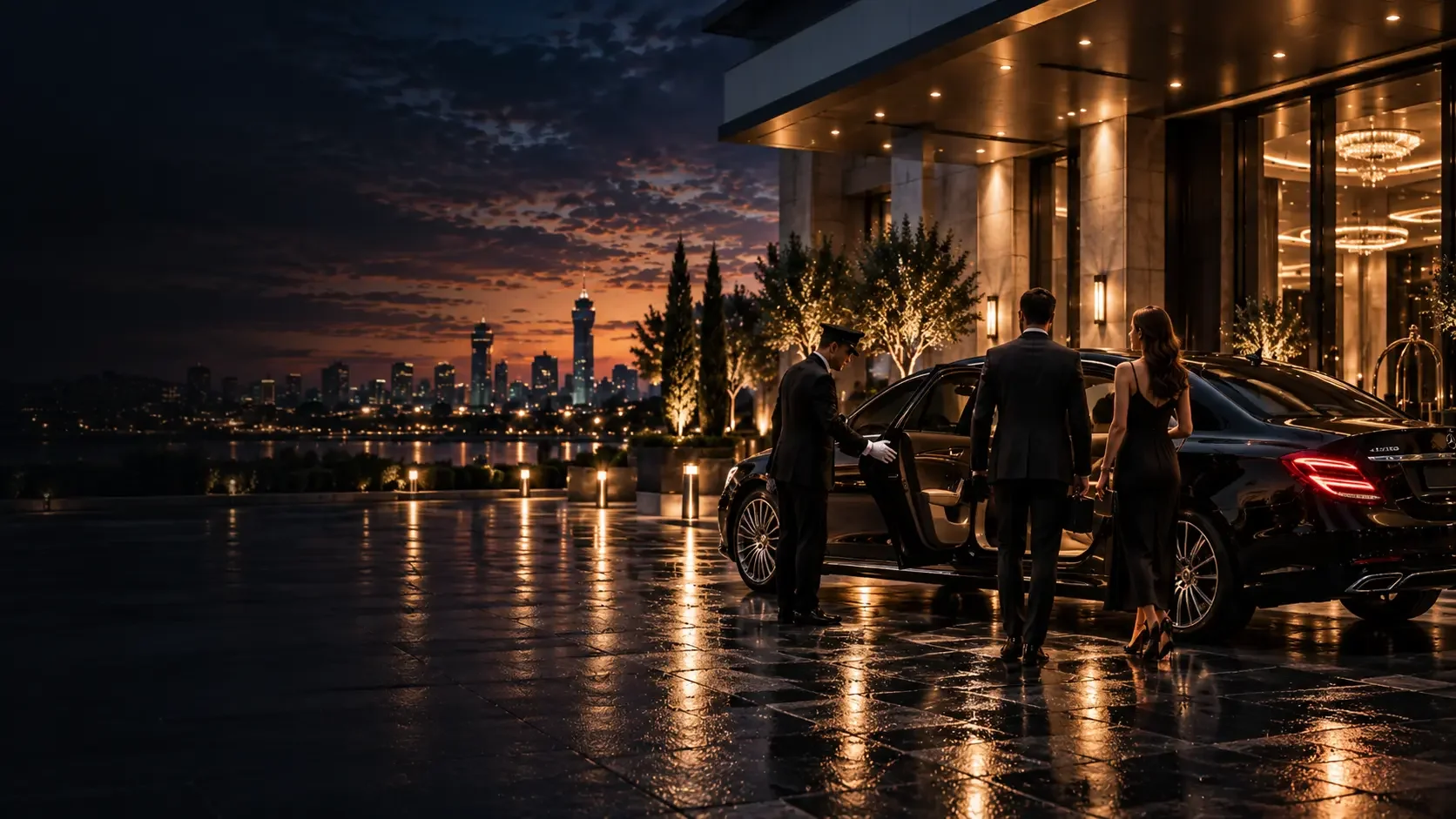 Representative scene: three people beside an open black saloon door at an illuminated entrance.