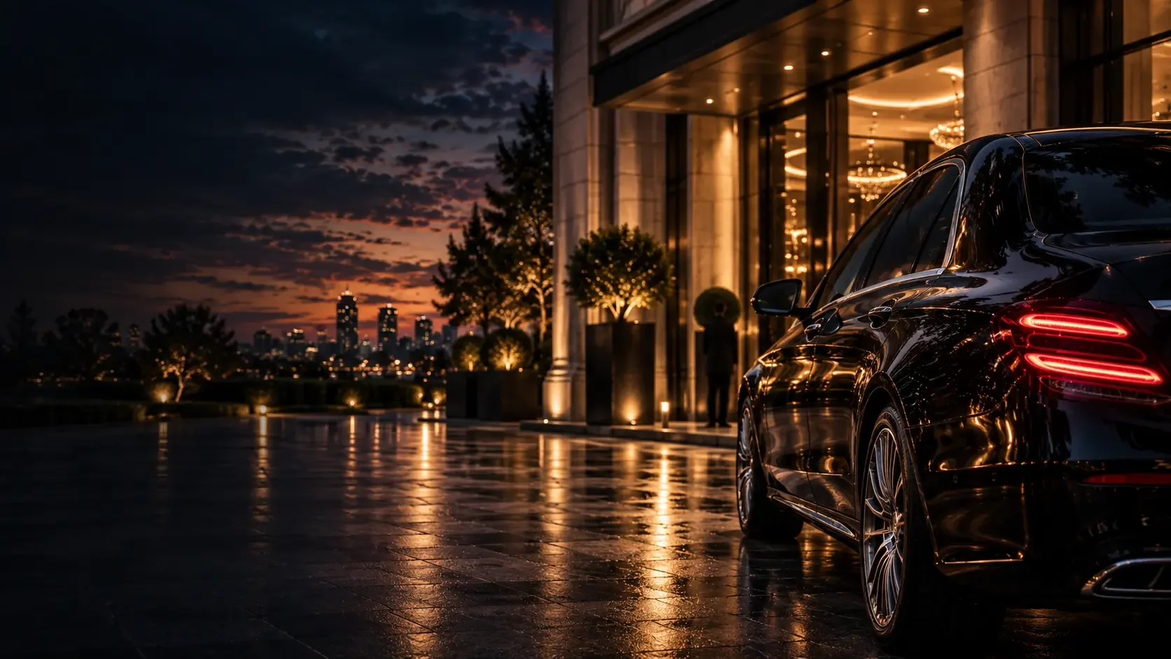 Representative scene: the rear quarter of a black saloon outside an illuminated entrance at twilight.