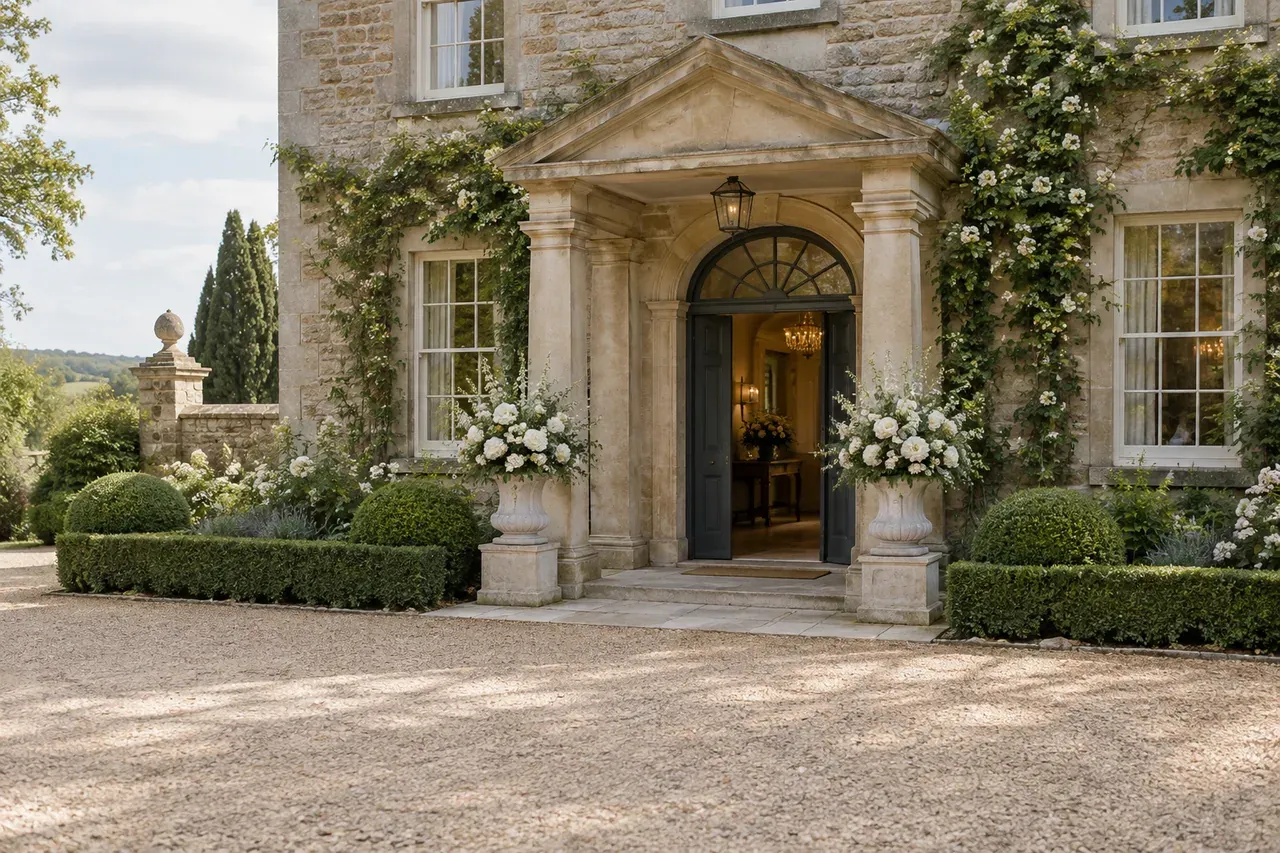 Representative image: a stone event venue entrance with subtle flowers